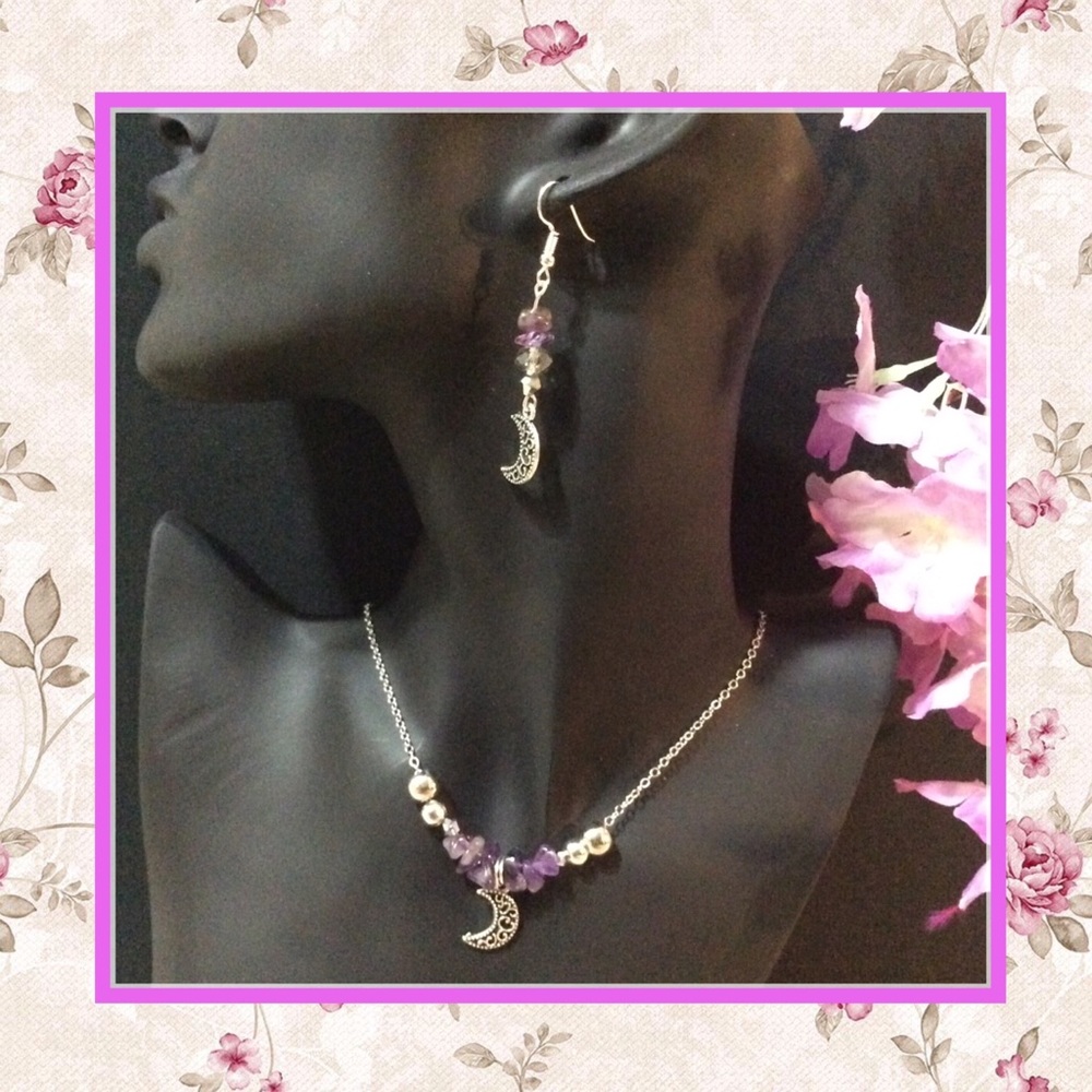 🌸 AMETHYST NECKLACE & EARRINGS MOON BOHO BUNDLE BOHEMIAN SET CHARM PENDANT BEAD